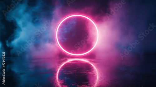 Abstract Neon Circle with Pink and Blue Smoke Reflection, Futuristic Glowing Light Concept