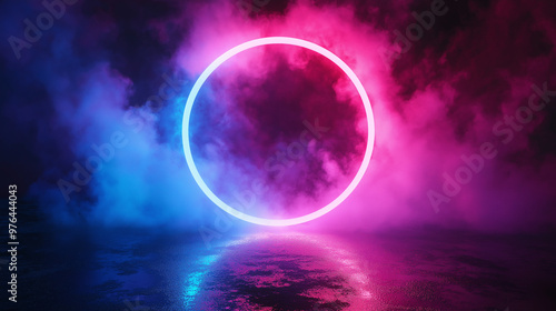 Abstract Neon Circle with Pink and Blue Smoke Reflection, Futuristic Glowing Light Concept