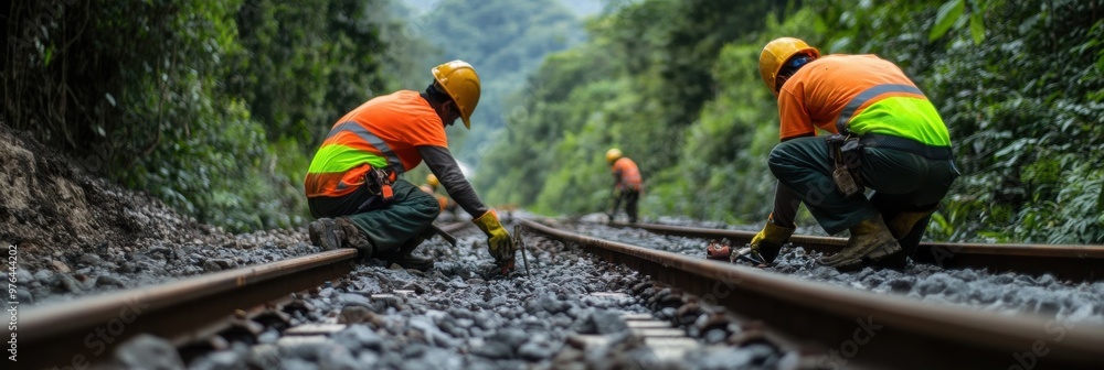 This image shows dedicated railway workers in high-visibility gear maintaining and repairing train tracks in a lush, green environment, emphasizing diligence and teamwork. This image shows dedicated railway workers in high-visibility gear maintaining and repairing train tracks in a lush, green environment, emphasizing diligence and teamwork.