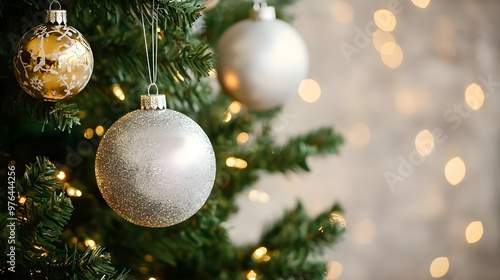 Silver Christmas Ornament on Green Tree with Blurred Lights