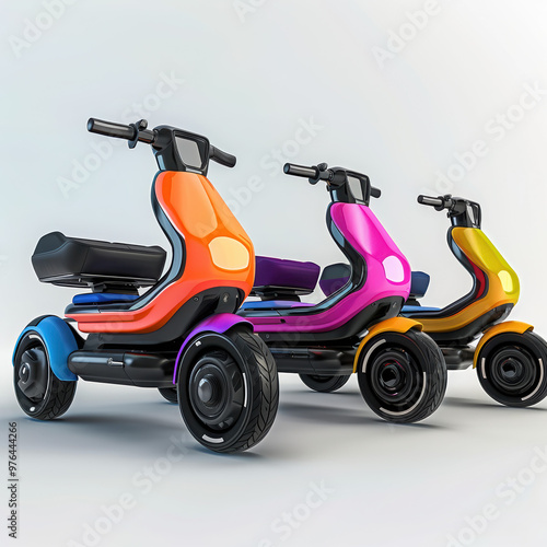 scooters colorful electric modern transportation fun ride vehicles three futuristic urban tech motorized plastic design mobility leisure youth wheels  photo