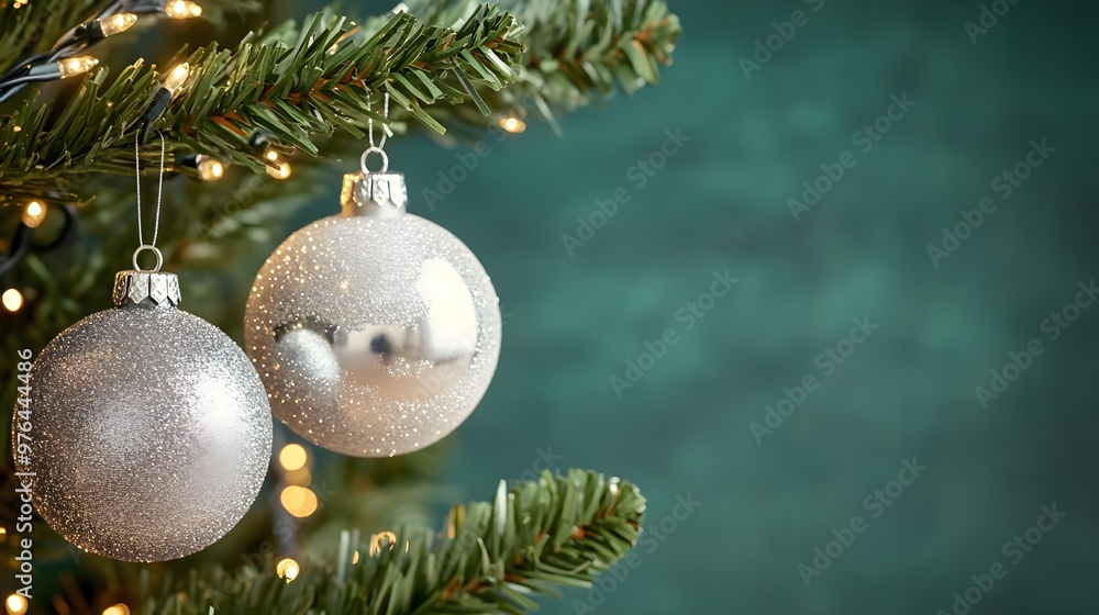 Silver Christmas Ornaments on Green Tree with Lights