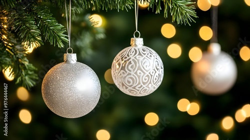 Silver Christmas Ornaments on Green Tree with Lights