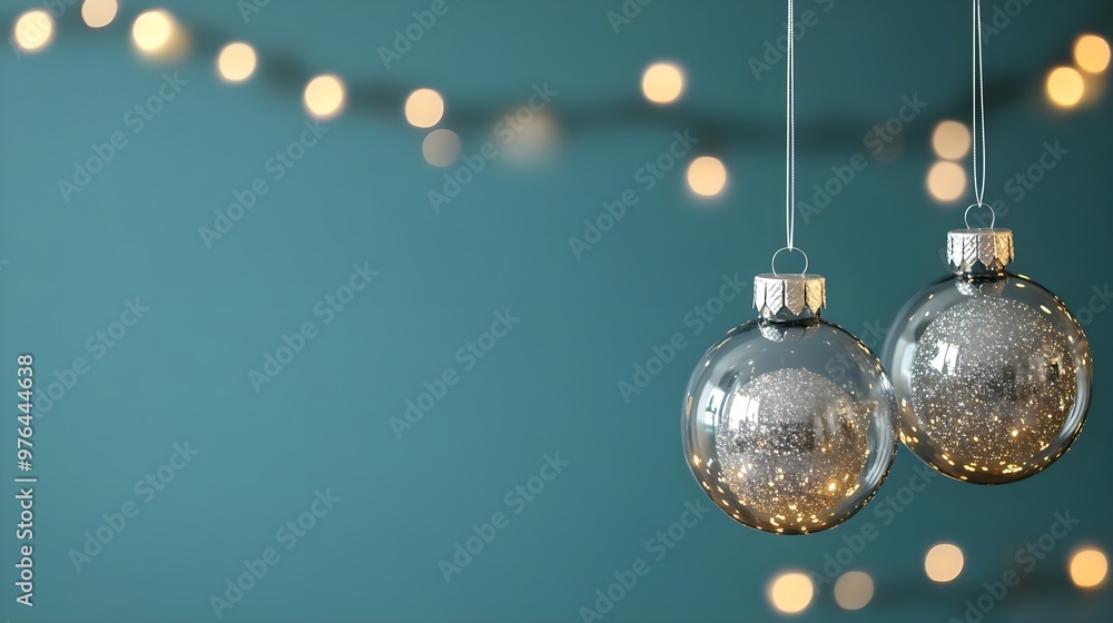 Silver Christmas Ornaments with Teal Background and Bokeh Lights Silver Christmas Ornaments with Teal Background and Bokeh Lights