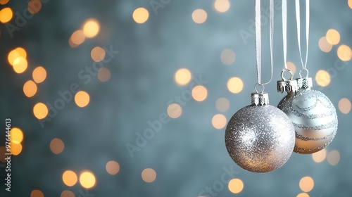 Silver Christmas Ornaments with Bokeh Lights Background