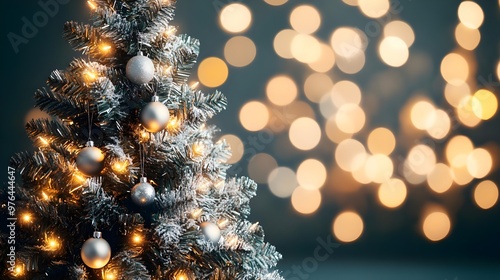 Silver Christmas Tree Decorated with Lights and Ornaments