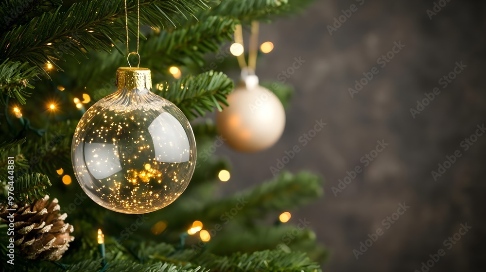 Sparkling Christmas Ornament on Green Tree with Lights Sparkling Christmas Ornament on Green Tree with Lights