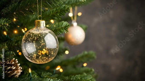 Sparkling Christmas Ornament on Green Tree with Lights