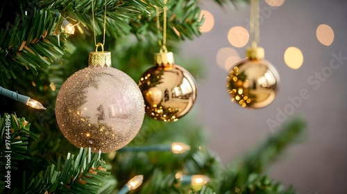 Sparkling Christmas Ornaments on Green Tree Branch
