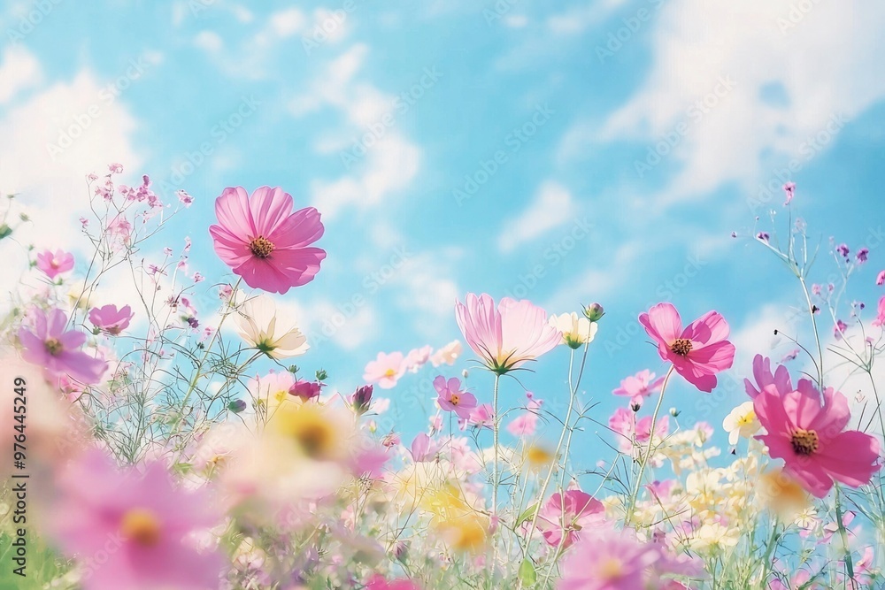 Pastel Cosmos Flowers Against a Blue Sky with White Clouds Pastel Cosmos Flowers Against a Blue Sky with White Clouds