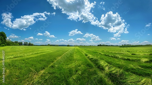 Green grass field and blue sky with white clouds