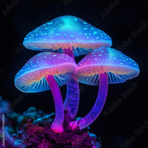 Bioluminescent mushrooms with a black background
