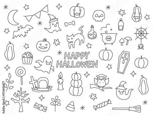 ぬりえなどにも使える線画の手描き風のハロウィンのイラストのセット