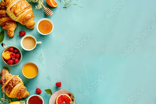 breakfast spread, featuring croissants, coffee cups, and fresh fruits on the left side of the frame, leaving space for text in the center. The background is a soft blue color with subtle textures that