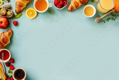 breakfast spread, featuring croissants, coffee cups, and fresh fruits on the left side of the frame, leaving space for text in the center. The background is a soft blue color with subtle textures that