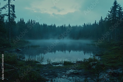 Misty Morning by a Tranquil Forest Lake