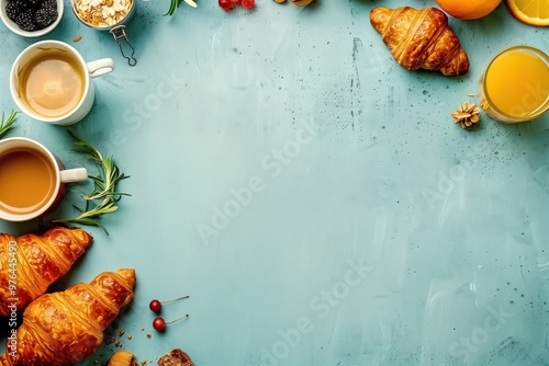 breakfast spread, featuring croissants, coffee cups, and fresh fruits on the left side of the frame, leaving space for text in the center. The background is a soft blue color with subtle textures that