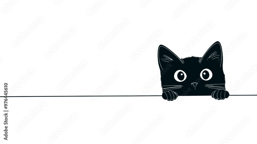 Fototapeta A cute black cat peeking over the edge of a green surface with big, curious eyes.