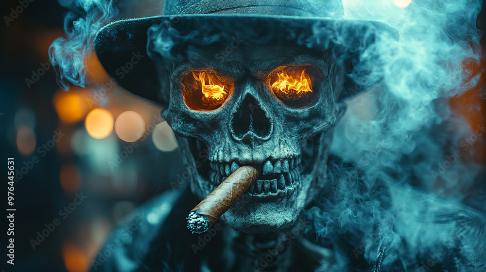 a skeleton wearing a hat and smoking a cigar, smoking kills concept. a skeleton wearing a hat and smoking a cigar, smoking kills concept.