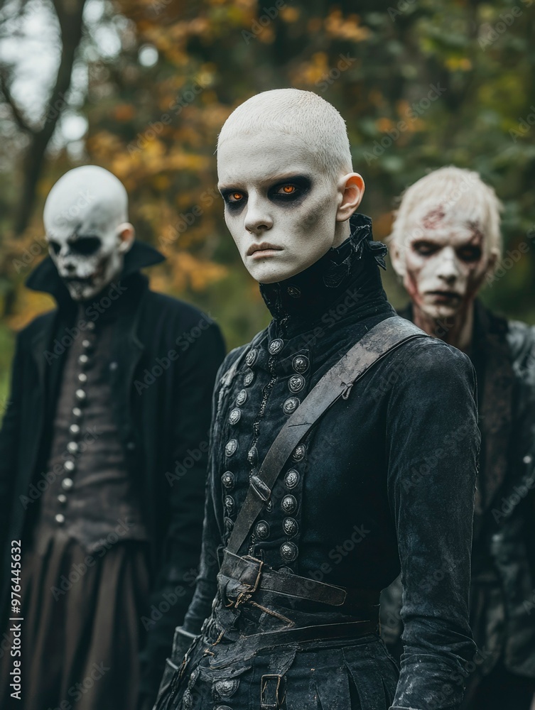 A trio of figures with pale skin and dark attire, standing in an autumnal forest setting. A trio of figures with pale skin and dark attire, standing in an autumnal forest setting.