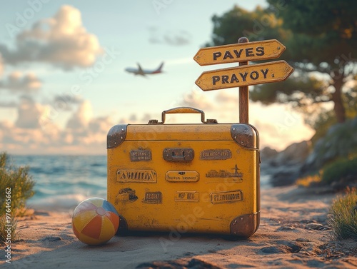 A Yellow Suitcase on a Beach with a Sign that Reads 'Payes Prayoy' photo