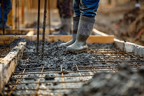 Worker pouring concrete in formwork at construction site, closeup