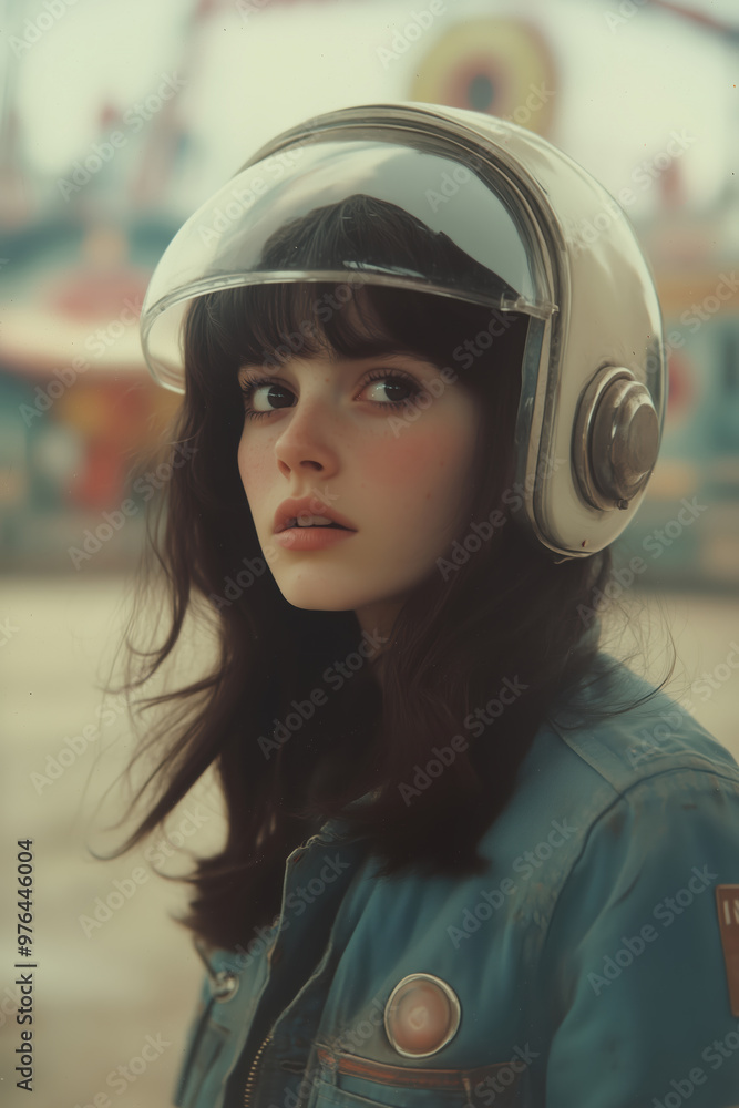 A portrait of a young woman in a retro helmet, with a vintage, Polaroid-like aesthetic. A portrait of a young woman in a retro helmet, with a vintage, Polaroid-like aesthetic.