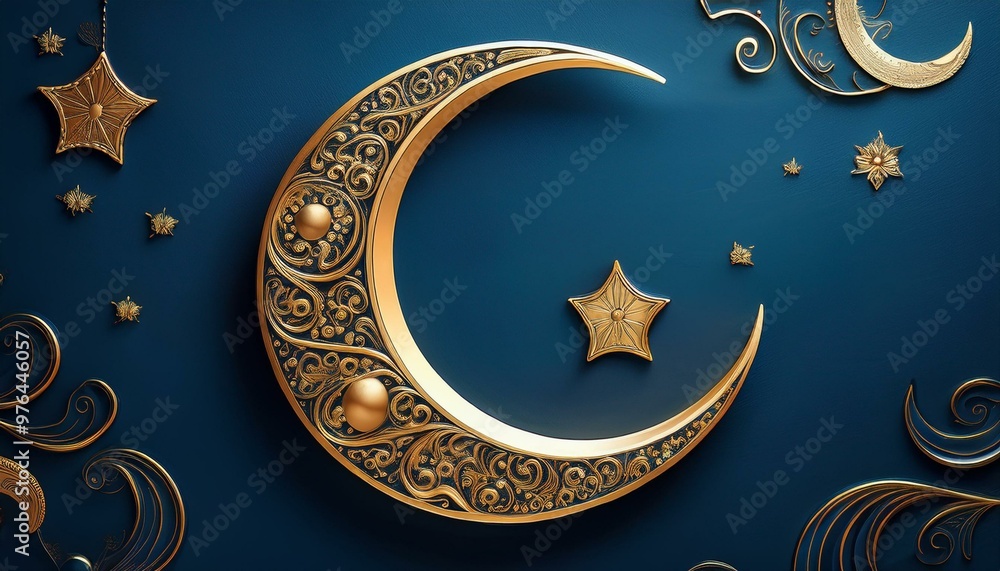Ornate golden crescent moon on a deep blue background suitable for an eid al fitr. Ornate golden crescent moon on a deep blue background suitable for an eid al fitr.