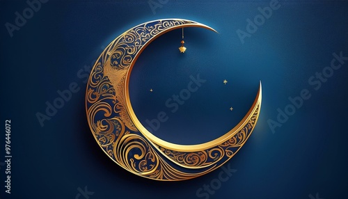 Ornate golden crescent moon on a deep blue background suitable for an eid al fitr.