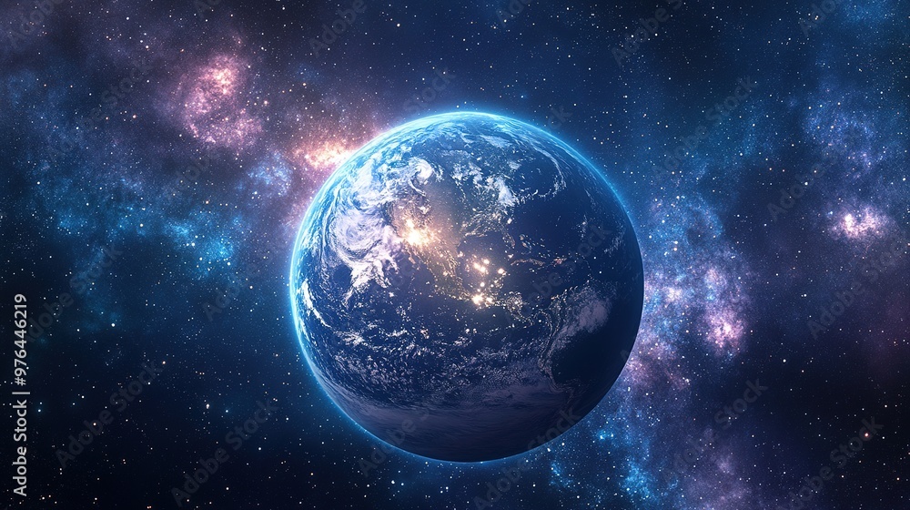 Obraz premium Earth glowing in space, with its ecosystems thriving, framed by distant galaxies