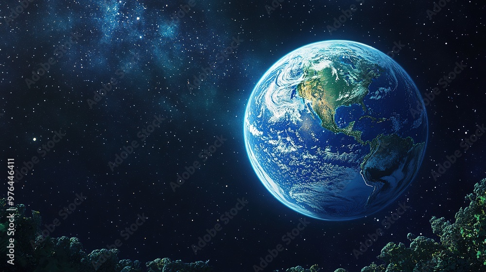 Fototapeta premium Earth glowing in space, with its ecosystems thriving, framed by distant galaxies