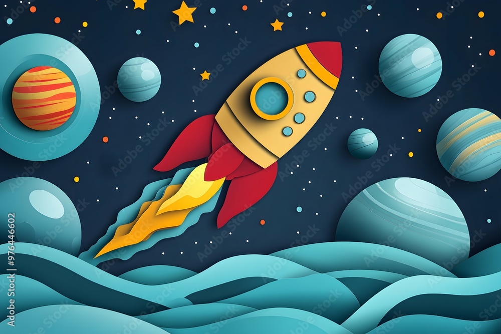Paper Cut Rocket Flying Through Space with Planets and Stars Paper Cut Rocket Flying Through Space with Planets and Stars