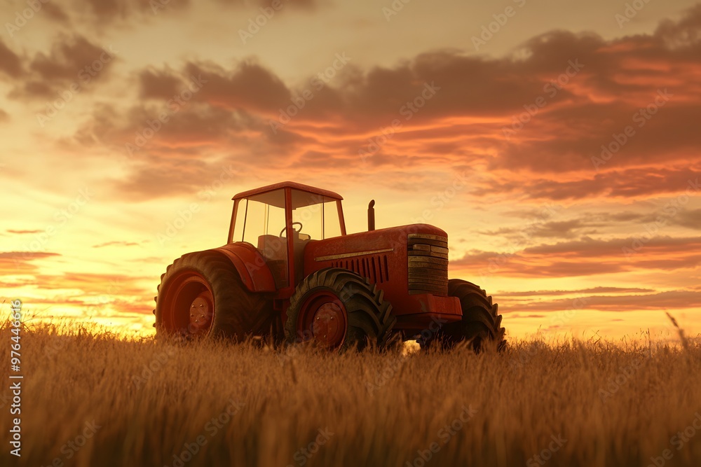 Fototapeta premium Red Tractor in Field at Sunset