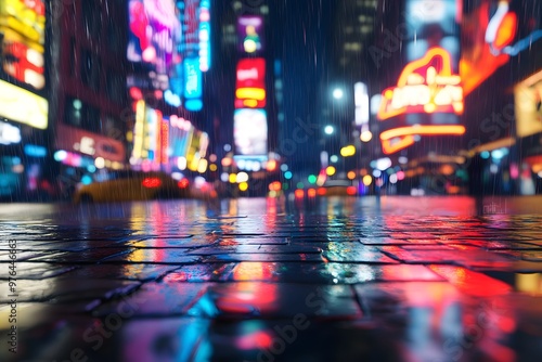 Wet Cobblestone Street in City at Night with Blurry Neon Lights