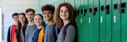 A group of diverse students stand by green lockers in a school hallway, smiling at the camera, capturing a sense of friendship and youthful energy.