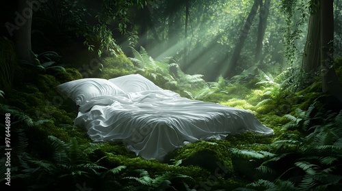 Obraz na płótnie White Bed in Lush Forest with Sunbeams