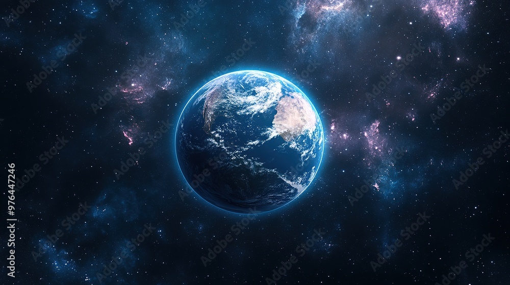 Naklejka premium Earth glowing in space, with its ecosystems thriving, framed by distant galaxies