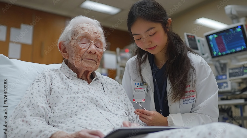 Fototapeta premium A photo of an elderly patient sleeping in a hospital bed, and a young nurse crouching at the foot of the bed and taking notes