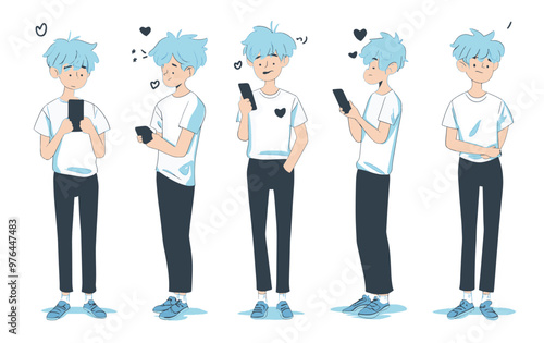 A cute young man with blue hair holding a smartphone, showing various emotional reactions.