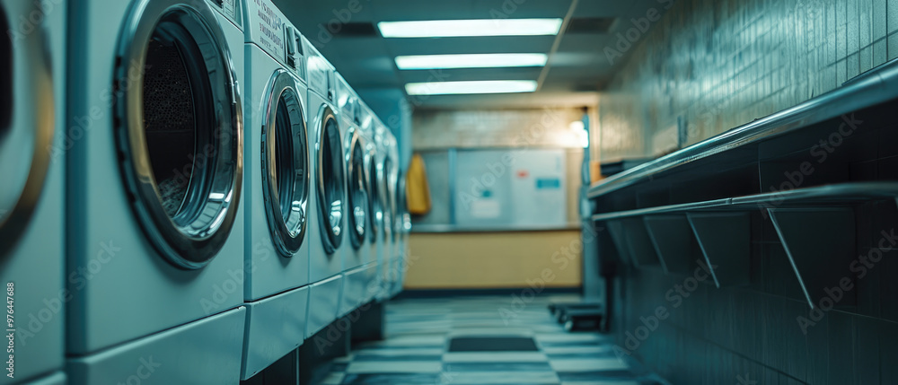 A row of white washers and dryers in a laundromat. The washers are all in use, and the dryers are all empty. The room is dimly lit, giving it a somewhat gloomy atmosphere A row of white washers and dryers in a laundromat. The washers are all in use, and the dryers are all empty. The room is dimly lit, giving it a somewhat gloomy atmosphere