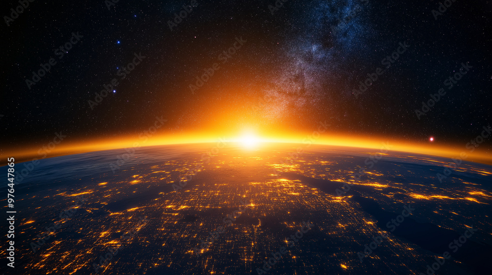 Obraz premium Stunning View of Earth from Space with Glowing Horizon, Sunrise over the Planet's Surface