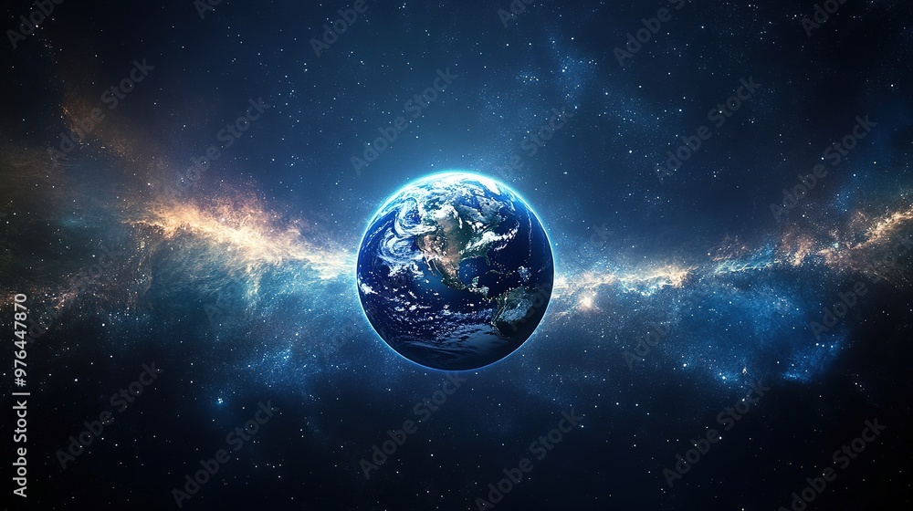 Naklejka premium Earth glowing in space, with its ecosystems thriving, framed by distant galaxies