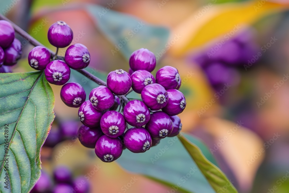 Purple Berries on Branch with Green Leaf Purple Berries on Branch with Green Leaf
