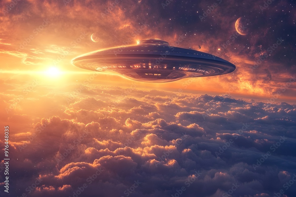 UFO Spaceship Flying Over Clouds at Sunset UFO Spaceship Flying Over Clouds at Sunset