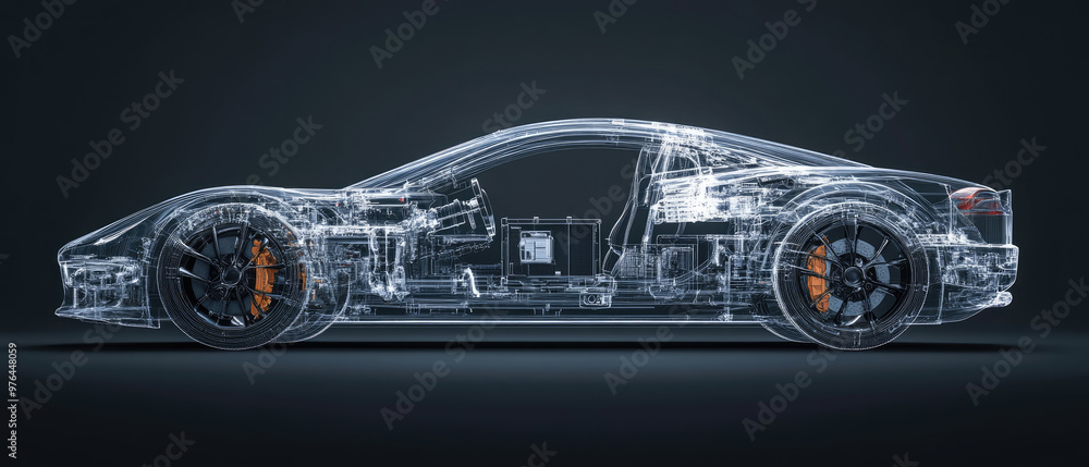 A car is shown in a futuristic style, with a metallic look and a sleek design. The car is shown in a black and white color scheme, with a focus on its mechanical parts and the way it is constructed A car is shown in a futuristic style, with a metallic look and a sleek design. The car is shown in a black and white color scheme, with a focus on its mechanical parts and the way it is constructed