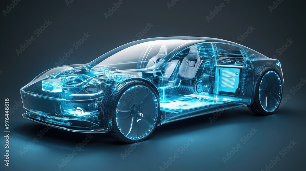 A futuristic car with a blue and silver exterior. The car is on display in a museum or a showroom A futuristic car with a blue and silver exterior. The car is on display in a museum or a showroom