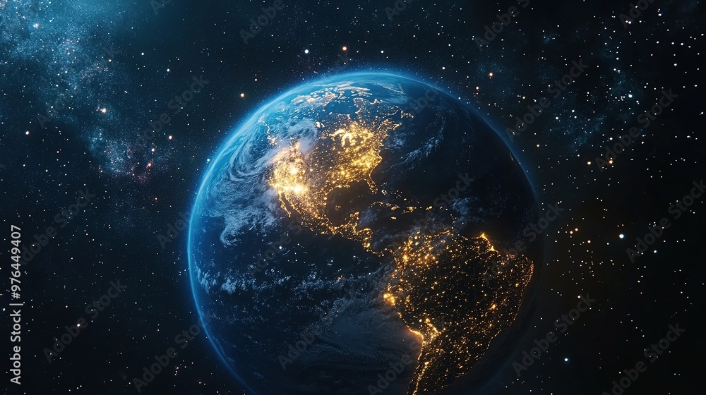 Obraz premium Earth floating in the blackness of space, with a full view of its atmosphere and surface