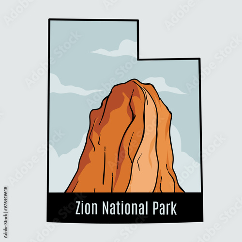 Minimalist Illustration of Zion National Park in Utah with Red Rock Formation and Sky