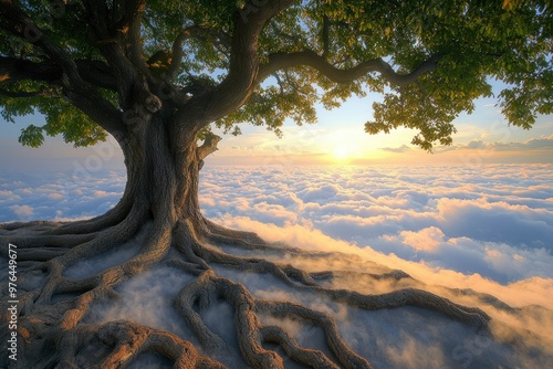 A Majestic Tree with Roots Overlooking a Sea of Clouds at Sunset
