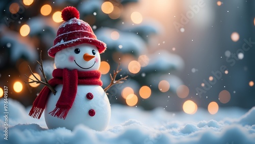 A smiling snowman with a red scarf and hat in a snowy landscape, with festive lights in the background